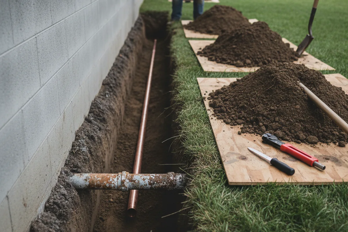 Excavated water line trench during Sewer Line Repair in French Village